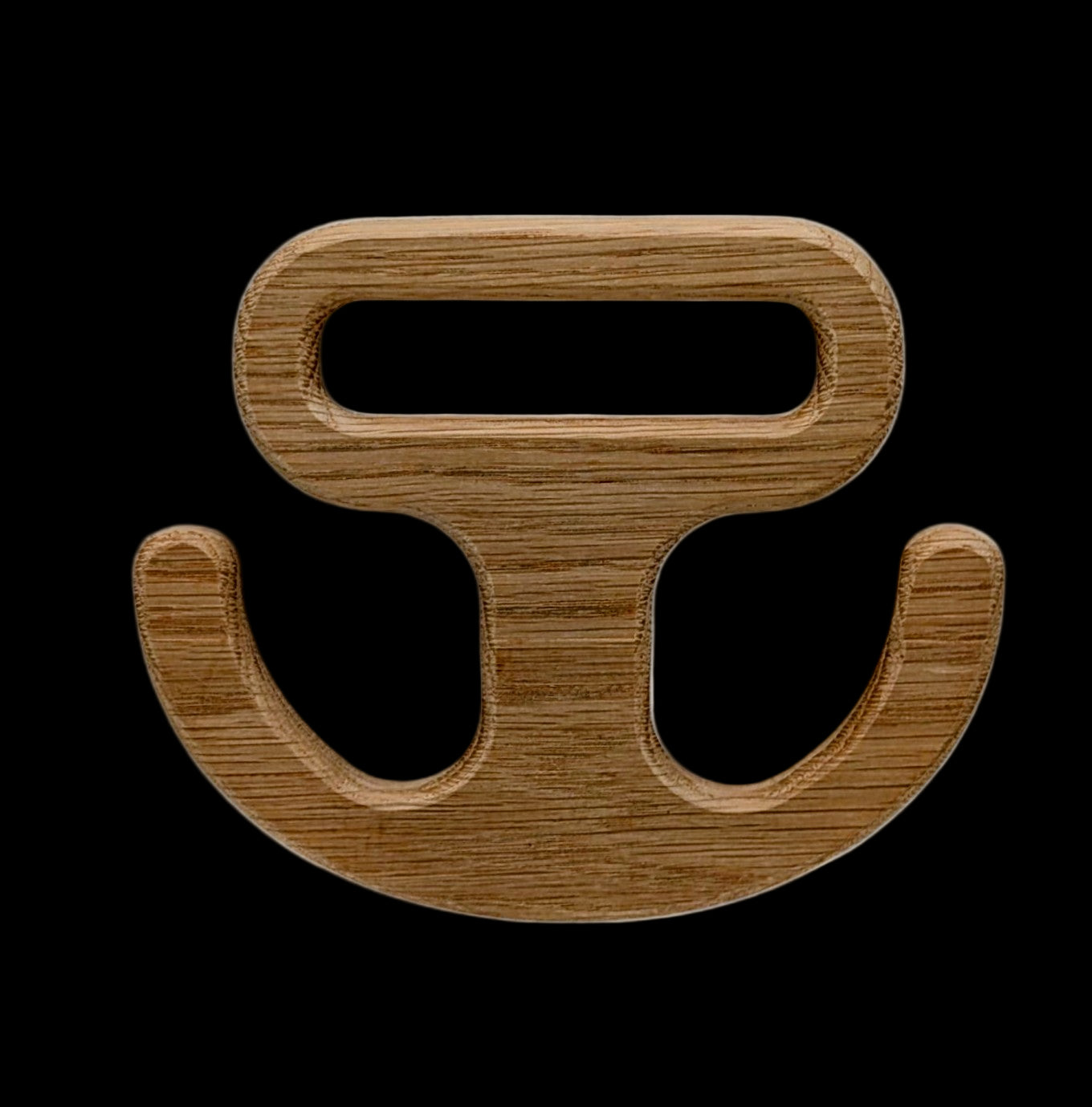 Solid hardwood grocery bag carry handle shaped like an anchor, with a smooth ergonomic grip and rectangular cutout for easy carrying of heavy shopping bags.